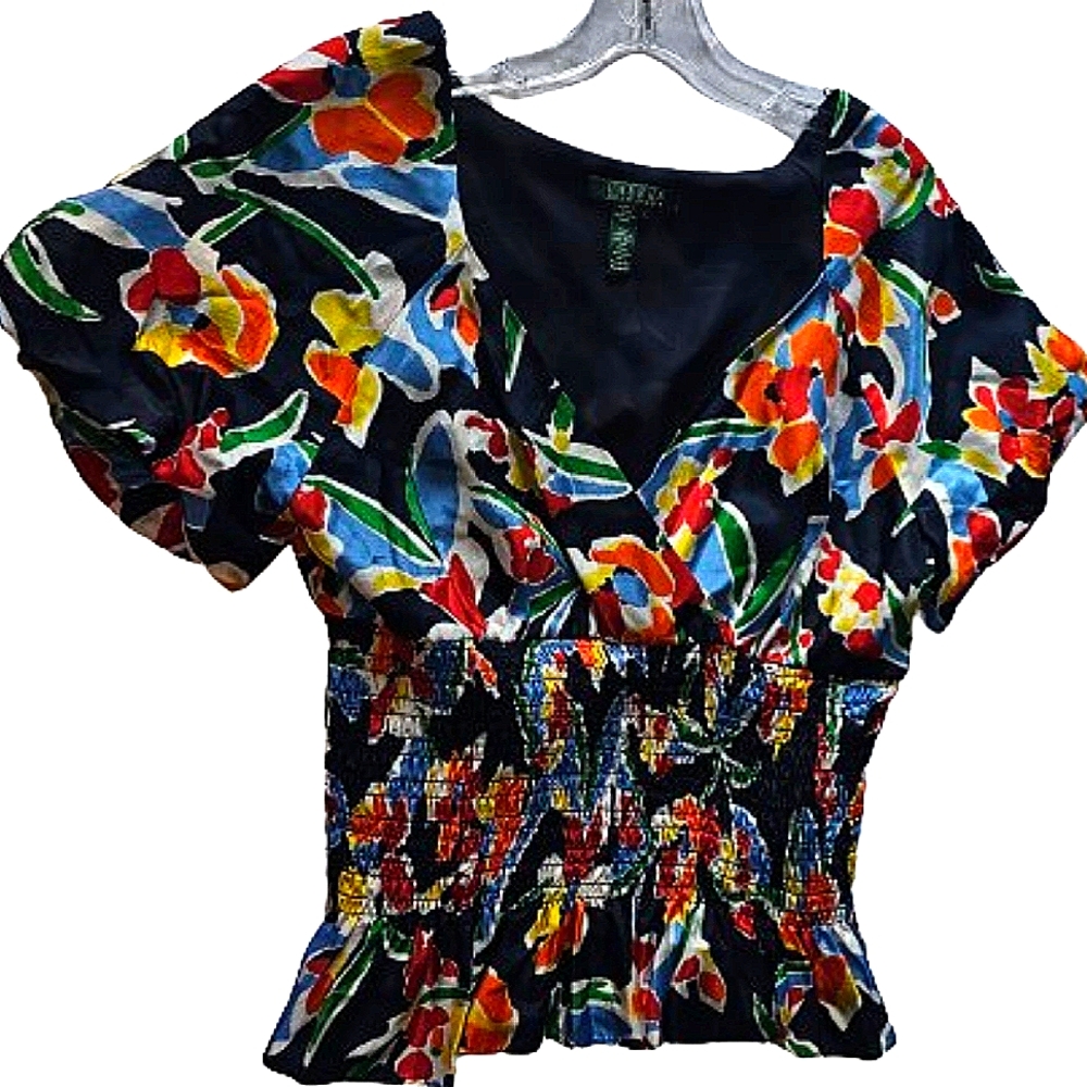 Ralph Lauren LRL Women's Blue Red floral mocked Puff Short Sleeve Silk  …